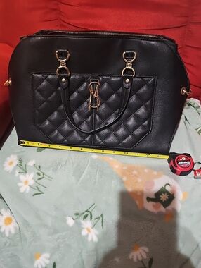 Steve  MaddenBlack Quilted Dome Satchel Handbag with Gold Hardware